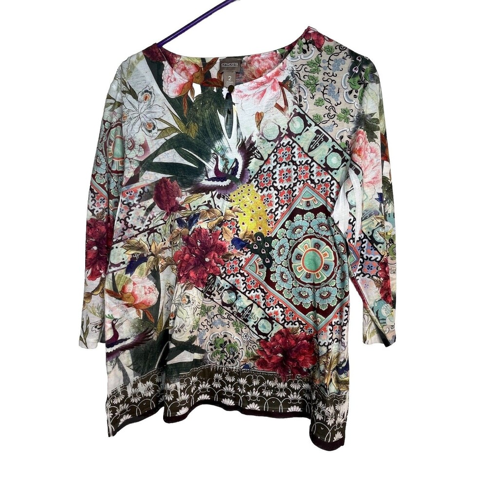 Chicos Art Print Collage Print 3/4 Sleeve Knit Top Blouse sz 2 / L (15